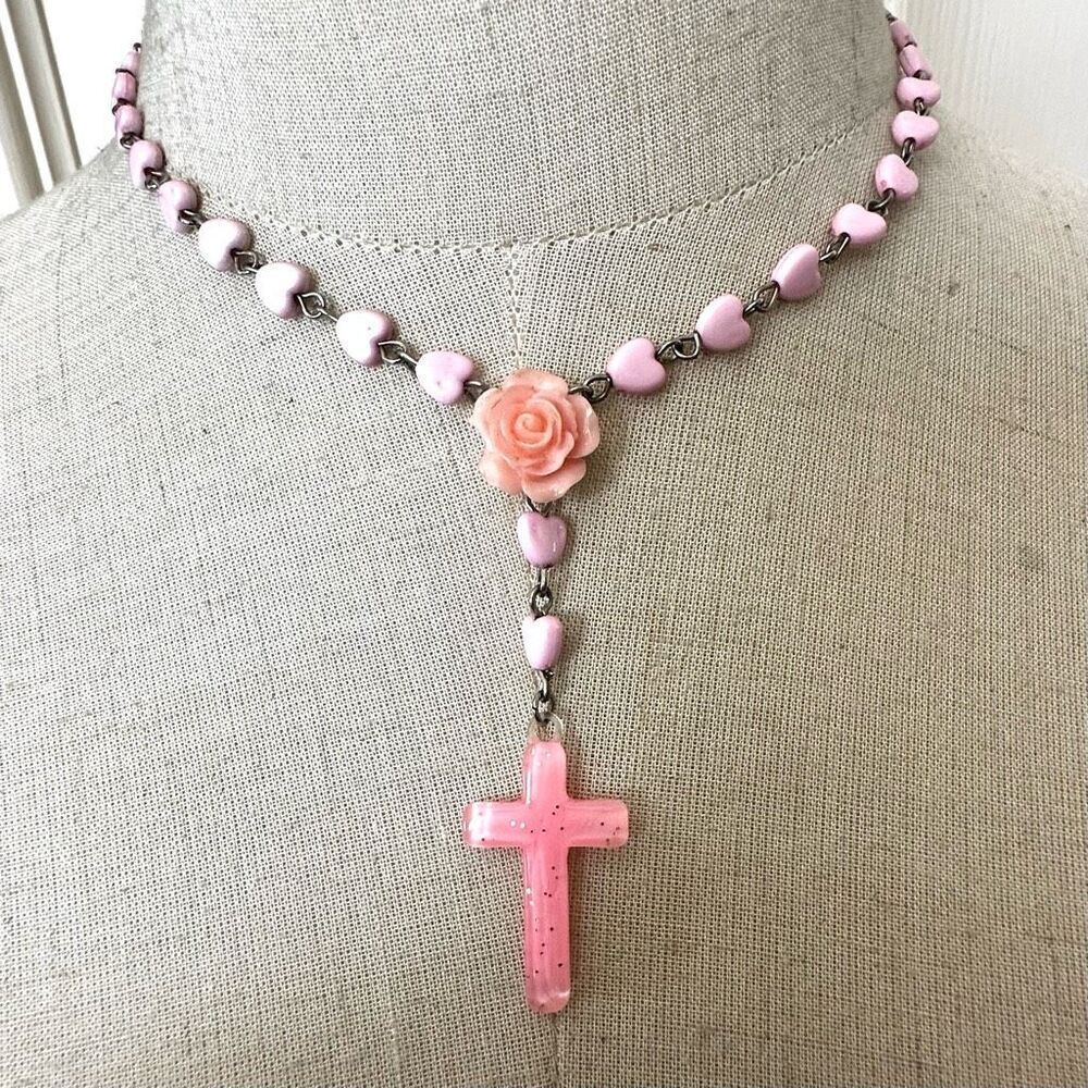 Pink heart flower cross rosary necklace